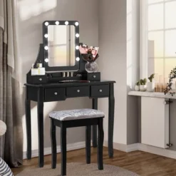 Costway Vanity Dressing Table Set W/ 10 Dimmable Bulbs Touch Switch Cushion Stool WhiteBlackBrown -Costway GUEST 01732e71 7a7b 4064 a9ac ade602370225