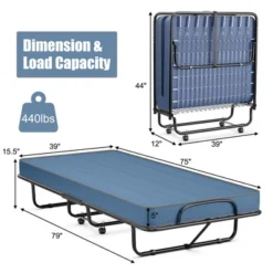 Costway Folding Bed With Memory Foam Mattress Portable Rollaway Guest Cot Memory Foam Navy Made In Ital