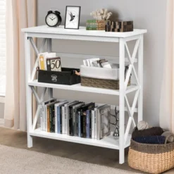 Costway Wooden Shelf Bookcase 3-Tier Open Bookshelf W/X-Design Freestanding Rack BlackBrownNaturalWhite