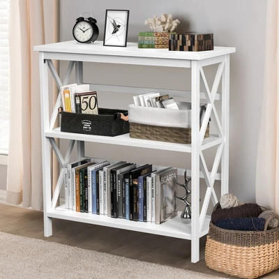 Costway Wooden Shelf Bookcase 3-Tier Open Bookshelf W/X-Design Freestanding Rack BlackBrownNaturalWhite 1 Costway Wooden Shelf Bookcase 3-Tier Open Bookshelf W/X-Design Freestanding Rack BlackBrownNaturalWhite