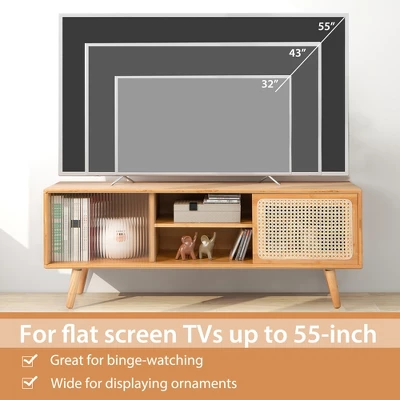 Costway Modern TV Stand Entertainment Center Media Console With Rattan Glass Sliding Doors Natural/Brown 7 Costway Modern TV Stand Entertainment Center Media Console With Rattan Glass Sliding Doors Natural/Brown - Image 7