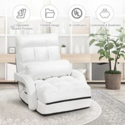 Costway Folding Floor Armchair W/6-position Adjustable Back & Lumbar Pillow White