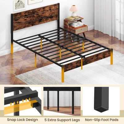 Costway Twin/Full/Queen/King Bed Frame With Tall Industrial Headboard Heavy-Duty Metal Slats Support Brown 6 Costway Twin/Full/Queen/King Bed Frame With Tall Industrial Headboard Heavy-Duty Metal Slats Support Brown - Image 6