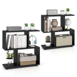 Costway 2 PCS 2-Tier Bookshelf Free Standing Wooden Display S-Shaped Shelf Storage Rack Black/Brown -Costway GUEST 040fb8d0 19ee 4da7 b083 691715a92bdb