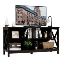 Costway TV Stand Entertainment Media Center For TV's Up To 55'' W/ Storage Shelves Brown/Gray/White -Costway GUEST 04825b76 72d2 44fe a4e3 789ce0543969