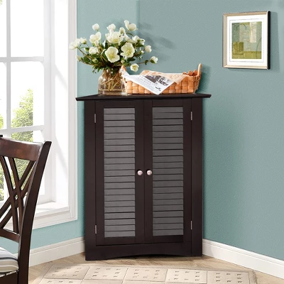 Corner Storage Cabinet Freestanding Floor Cabinet Bathroom W/ Shutter Door GreyBrown 2 Corner Storage Cabinet Freestanding Floor Cabinet Bathroom W/ Shutter Door GreyBrown - Image 2