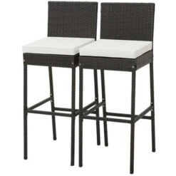 Costway Patio Wicker Barstools Bar Height Chairs W/ Cushions Backyard Off White
