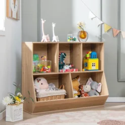 Costway 5-Cubby Kids Toy Storage Organizer Wooden Bookshelf Display Cabinet Natural/White