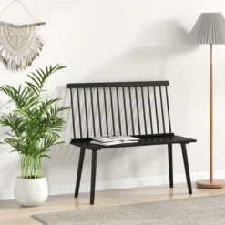 Costway Entryway Bench For 2 Windsor Rubber Wood Dining Bench With Spindle Back Black/Natural