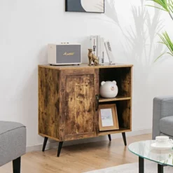 Costway Mid-century Storage Door Cabinet Cupboard W/4 Legs Adjustable Shelf Rustic Brown