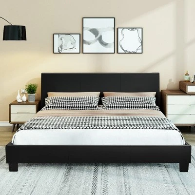 Costway Queen Upholstered Platform Bed Frame With Linen/PU Headboard Wood Slat Gray/Black 3 Costway Queen Upholstered Platform Bed Frame With Linen/PU Headboard Wood Slat Gray/Black - Image 3