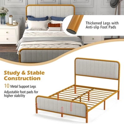 Costway Full Gold Metal Bed Frame Upholstered Platform Bed With Velvet Headboard 5 Costway Full Gold Metal Bed Frame Upholstered Platform Bed With Velvet Headboard - Image 5