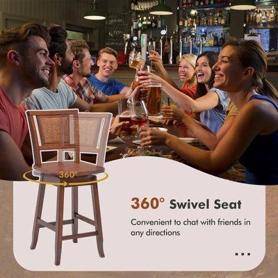 Costway Set Of 2/4 Swivel Bar Stools Counter Height Rubber Wood Pub Chairs W/ Rattan Back 6 Costway Set Of 2/4 Swivel Bar Stools Counter Height Rubber Wood Pub Chairs W/ Rattan Back - Image 6