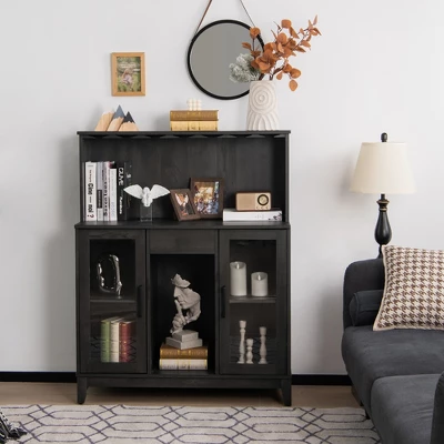 Costway 2-Door Buffet Bar Cabinet Kitchen Storage Sideboard Wine Rack Glass Holder GreyBlack 2 Costway 2-Door Buffet Bar Cabinet Kitchen Storage Sideboard Wine Rack Glass Holder GreyBlack - Image 2