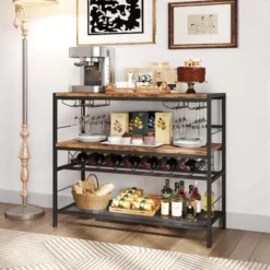 Costway 41" Wine Rack With 4 Glass Holders Wide Countertop Middle & Bottom Storage Shelves