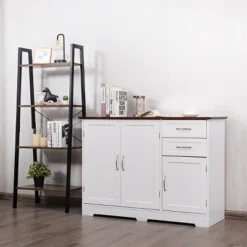 Costway Buffet Sideboard Kitchen Cupboard Storage Cabinet W/ 2 Drawers & 3 Doors White