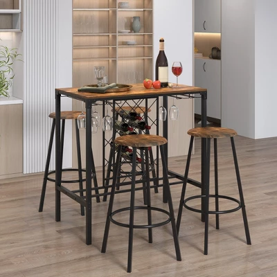Costway 5PCS Bar Table & Stools Set Industrial Bistro Set With Wine Rack & Glass Holder 1 Costway 5PCS Bar Table & Stools Set Industrial Bistro Set With Wine Rack & Glass Holder