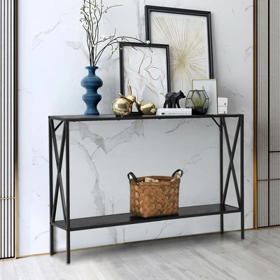Costway 2 Tier Console Table Narrow Accent Side Entryway Table Metal Frame Black 1 Costway 2 Tier Console Table Narrow Accent Side Entryway Table Metal Frame Black