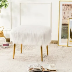 Costway Faux Fur Vanity Stool Square Furry Ottoman W/ Golden Metal Legs -Costway GUEST 1433c1ea 54f4 47f1 b843 a7c18a2c019e