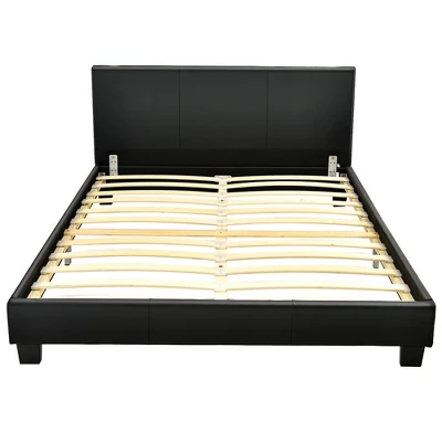 Costway Queen Upholstered Platform Bed Frame With Linen/PU Headboard Wood Slat Gray/Black 8 Costway Queen Upholstered Platform Bed Frame With Linen/PU Headboard Wood Slat Gray/Black - Image 8