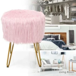 Costway Faux Fur Vanity Chair Makeup Stool Furry Padded Seat Round Ottoman Pink/White -Costway GUEST 1b0ef704 77a3 47c7 bb49 71c2f767ceb5