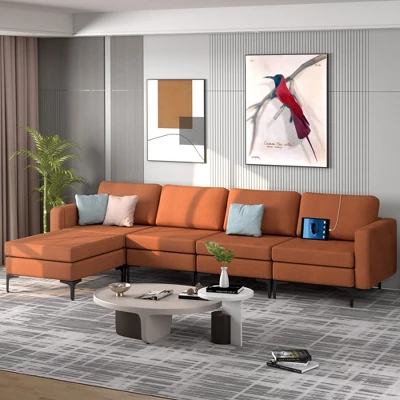 Costway Modular L-shaped Sectional Sofa W/ Reversible Chaise & 4 USB Ports OrangeDark Grey 2 Costway Modular L-shaped Sectional Sofa W/ Reversible Chaise & 4 USB Ports OrangeDark Grey - Image 2
