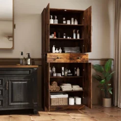 Costway 72" Tall Kitchen Pantry Modern Farmhouse Cupboard Cabinet With 4 Barn Doors Brown/White/Black