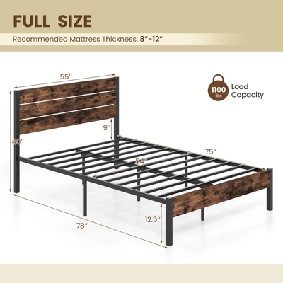 Costway Twin/Full/Queen/King Bed Frame With Tall Industrial Headboard Heavy-Duty Metal Slats Support Brown 2 Costway Twin/Full/Queen/King Bed Frame With Tall Industrial Headboard Heavy-Duty Metal Slats Support Brown - Image 2