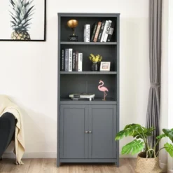 Costway Bookcase Shelving Storage Wooden Cabinet Unit Standing Bookcase W/Doors Gray -Costway GUEST 1c45f3de c84d 4b48 81d5 e704f7102b8c
