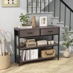 Costway Console Entryway Table Sofa Side Table With Folding Fabric Drawers For Living Room Gray/Rustic Brown -Costway GUEST 1d8fe728 a3a6 457a 88e5 743aced70f2c
