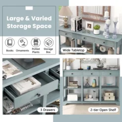 Costway 58'' Long Sofa Table With Storage Retro Console Table With 3 Drawers & Open Shelves Blue/White -Costway GUEST 1e06fa47 6729 4ba0 9b73 ea131e521463