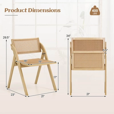 Costway Foldable Dining Chairs Set Of 2/4 With Woven Rattan Backrest & Seat Rubber Wood Frame Natural 2 Costway Foldable Dining Chairs Set Of 2/4 With Woven Rattan Backrest & Seat Rubber Wood Frame Natural - Image 2