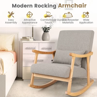 Costway Upholstered Rocking Chair With Pillow Rocking Armchair With Rubber Wood Frame Grey 4 Costway Upholstered Rocking Chair With Pillow Rocking Armchair With Rubber Wood Frame Grey - Image 4