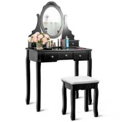 Costway Vanity Jewelry Wooden Makeup Dressing Table Set W/Stool Mirror & 5 Drawers Black