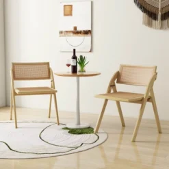 Costway Foldable Dining Chairs Set Of 2/4 With Woven Rattan Backrest & Seat Rubber Wood Frame Natural