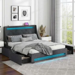 Costway Full/Queen Size Bed Frame With LED Lights & Charging Station Upholstered Platform Bed -Costway GUEST 200838b6 a7df 4437 bb7d 3bfdb1a4fc8b