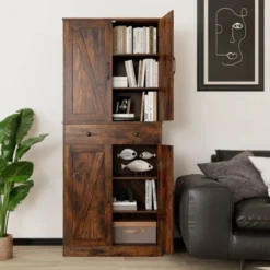 Costway 72" Tall Kitchen Pantry Modern Farmhouse Cupboard Cabinet With 4 Barn Doors Brown/White/Black -Costway GUEST 2110c8cc d654 4ab3 805f 22f8fe0a66dd