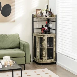 Costway Corner Bar Cabinet Industrial Liquor Wine Cabinet With Glass Holder & Mesh Doors