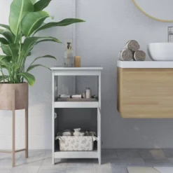 Costway Bathroom Floor Cabinet Side Storage Organizer With Open Shelf & Single Door Grey/White