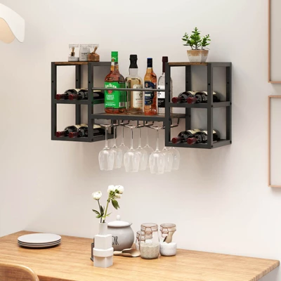 Costway 3-Tier Wall Mounted Wine Rack With Glass Holder Open Shelf Wine Storage Rack Brown 3 Costway 3-Tier Wall Mounted Wine Rack With Glass Holder Open Shelf Wine Storage Rack Brown - Image 3