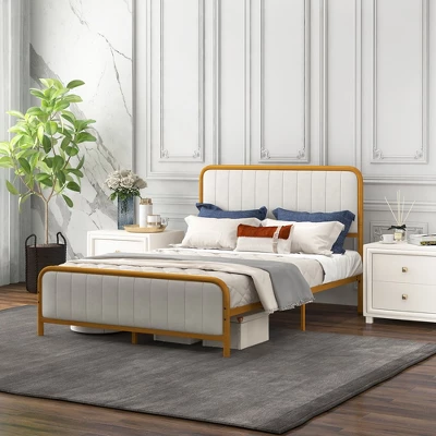 Costway Full Gold Metal Bed Frame Upholstered Platform Bed With Velvet Headboard 4 Costway Full Gold Metal Bed Frame Upholstered Platform Bed With Velvet Headboard - Image 4