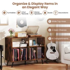 Costway Record Player Stand With Charging Station Open Shelves & Compartments Raised Legs Brown/White 18 Costway Record Player Stand With Charging Station Open Shelves & Compartments Raised Legs Brown/White -Costway GUEST 2769383a 814b 4484 b557 f362db3c1d51