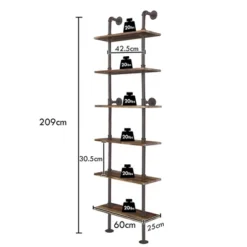 Costway 6-Shelf Rustic Pipe Shelving Unit, Vintage Industrial Pipe Wall Shelf Brown