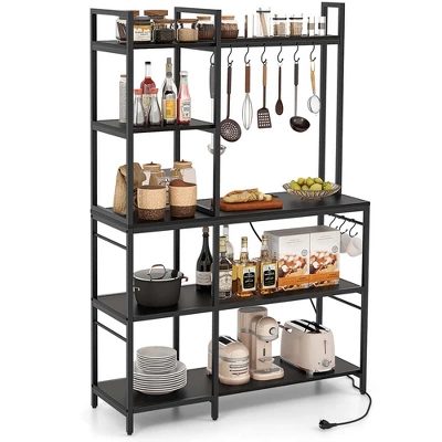 Costway Bakers Rack 5-Tier Coffee Bar Table With 10 S-Shaped Hooks & Power Outlets Rustic Brown/Black 10 Costway Bakers Rack 5-Tier Coffee Bar Table With 10 S-Shaped Hooks & Power Outlets Rustic Brown/Black - Image 10