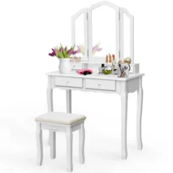 Costway Makeup Table Stool Set Tri Folding Mirror Vanity WhiteBlack -Costway GUEST 29a59955 fd73 489f a2b6 1185c249748b