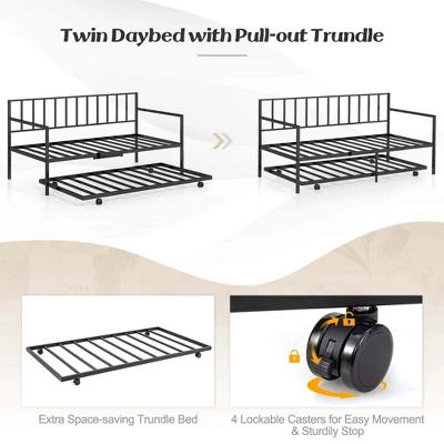 Costway Twin Metal Daybed Sofa Bed With Trundle & Lockable Casters For Living Room 8 Costway Twin Metal Daybed Sofa Bed With Trundle & Lockable Casters For Living Room - Image 8
