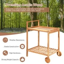 Costway 2-Tier Acacia Rolling Kitchen Trolley Cart Dining Serving Cart Outdoor W/ Wheels -Costway GUEST 2b0bd40f 7dcc 454d 9ca8 86d68d5a40ac