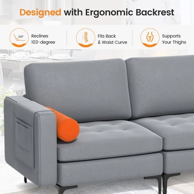 Costway Modern Modular 3-Seat Sofa Couch W/ Side Storage Pocket & Metal Leg Ash Grey 4 Costway Modern Modular 3-Seat Sofa Couch W/ Side Storage Pocket & Metal Leg Ash Grey - Image 4