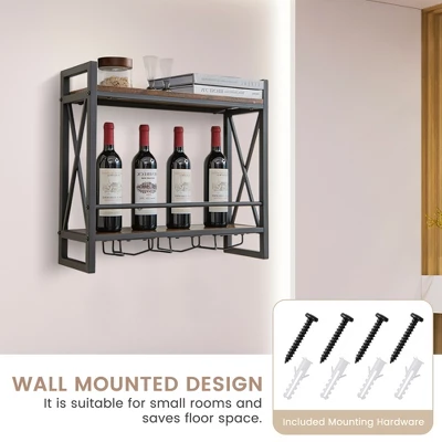 Costway Wall Mounted Wine Rack Industrial 2-Tier Wood Shelf With 3 Stem Glass Holders 4 Costway Wall Mounted Wine Rack Industrial 2-Tier Wood Shelf With 3 Stem Glass Holders - Image 4
