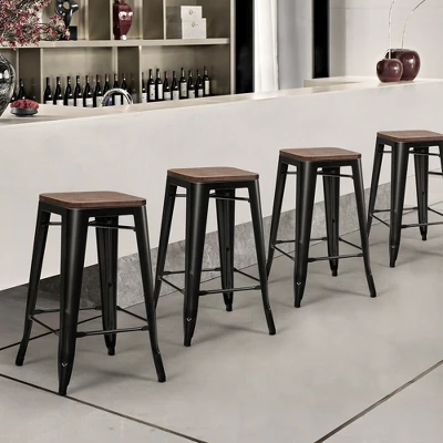 Costway Set Of 4 Counter Height Backless Barstool 26'' Metal Stackable Stool W/Wood Seat 1 Costway Set Of 4 Counter Height Backless Barstool 26'' Metal Stackable Stool W/Wood Seat